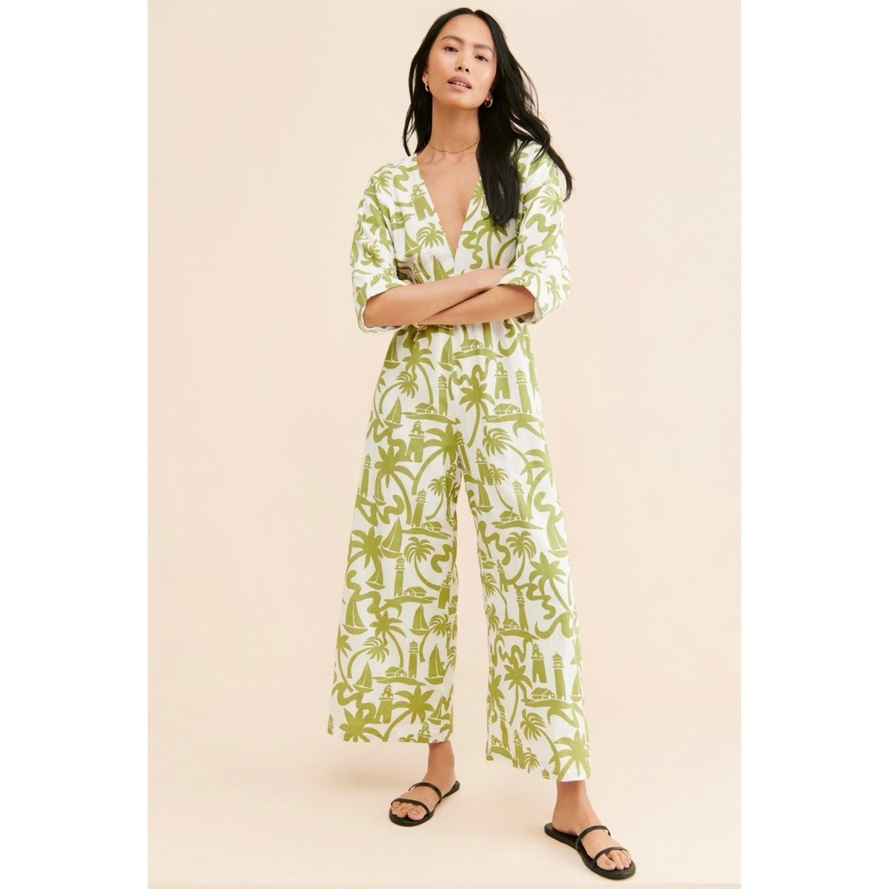 Girl And The Sun Sz XS Hunter Wide Leg Jumpsuit Tropical‎ Safari Novelty Coastal